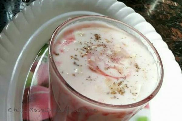 photo of pinky-nutty yogurt drink (rooh-afza lassi)