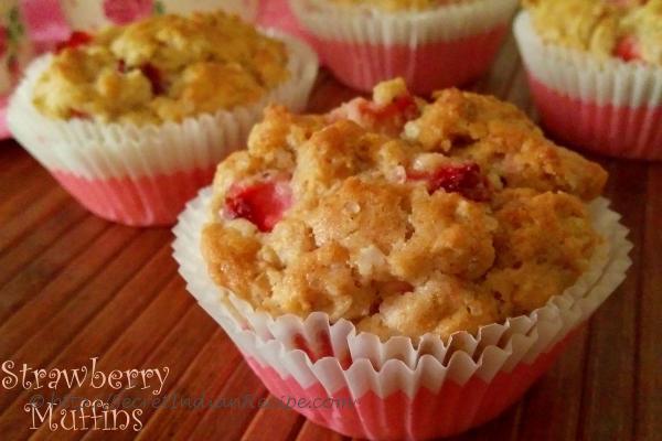 photo of egg-less strawberry muffins with oatmeal and whole wheat flour