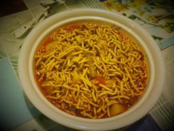 photo of aloo aur sev ki sabzi (potato & gram flour snack curry)